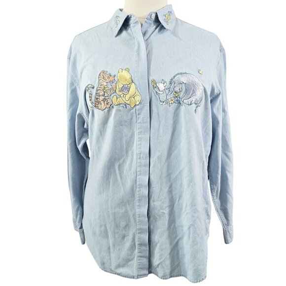 Vintage Disney Winnie The Pooh Embroidered Blue Button-Up Shirt 100% Cotton - Picture 1 of 10